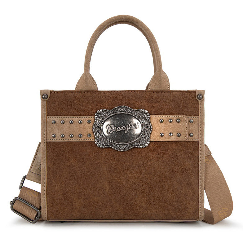The Wrangler Feature Buckle Crossbody Bag (X6W4912BAG) Tan boasts brown suede PU, tan leather accents, silver studs, a decorative "Wrangler" metal plate, short handles, adjustable shoulder strap, and stylish buckle details.