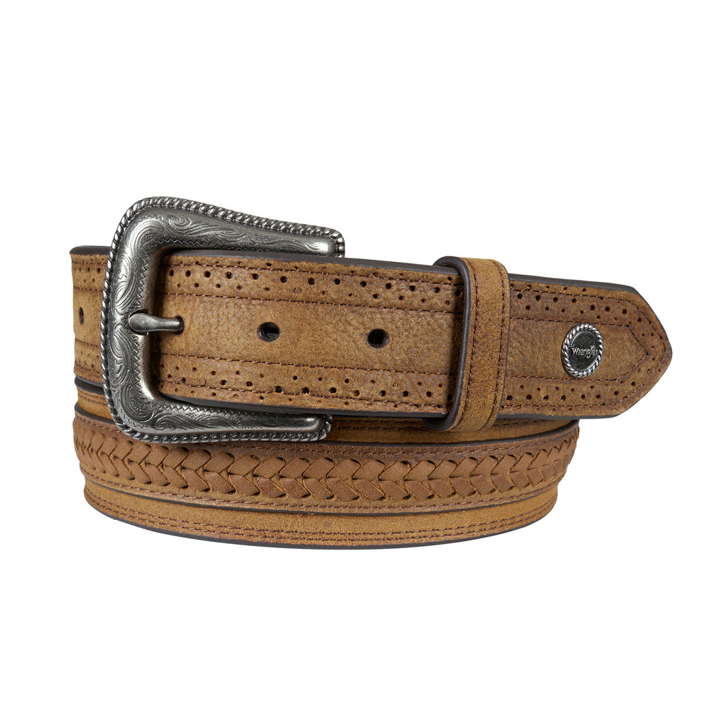 A toffee coloured Wrangler Fletch Belt (XCP1908BLT) with a braided pattern, perforated details, and an antique silver-toned engraved buckle, coiled on a white background.