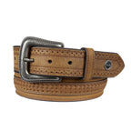 A toffee coloured Wrangler Fletch Belt (XCP1908BLT) with a braided pattern, perforated details, and an antique silver-toned engraved buckle, coiled on a white background.