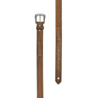 Buckle and tail ends of a toffee coloured Wrangler Fletch Belt (XCP1908BLT) with a braided pattern, perforated details, and an antique silver-toned engraved buckle, laid flat on a white background.