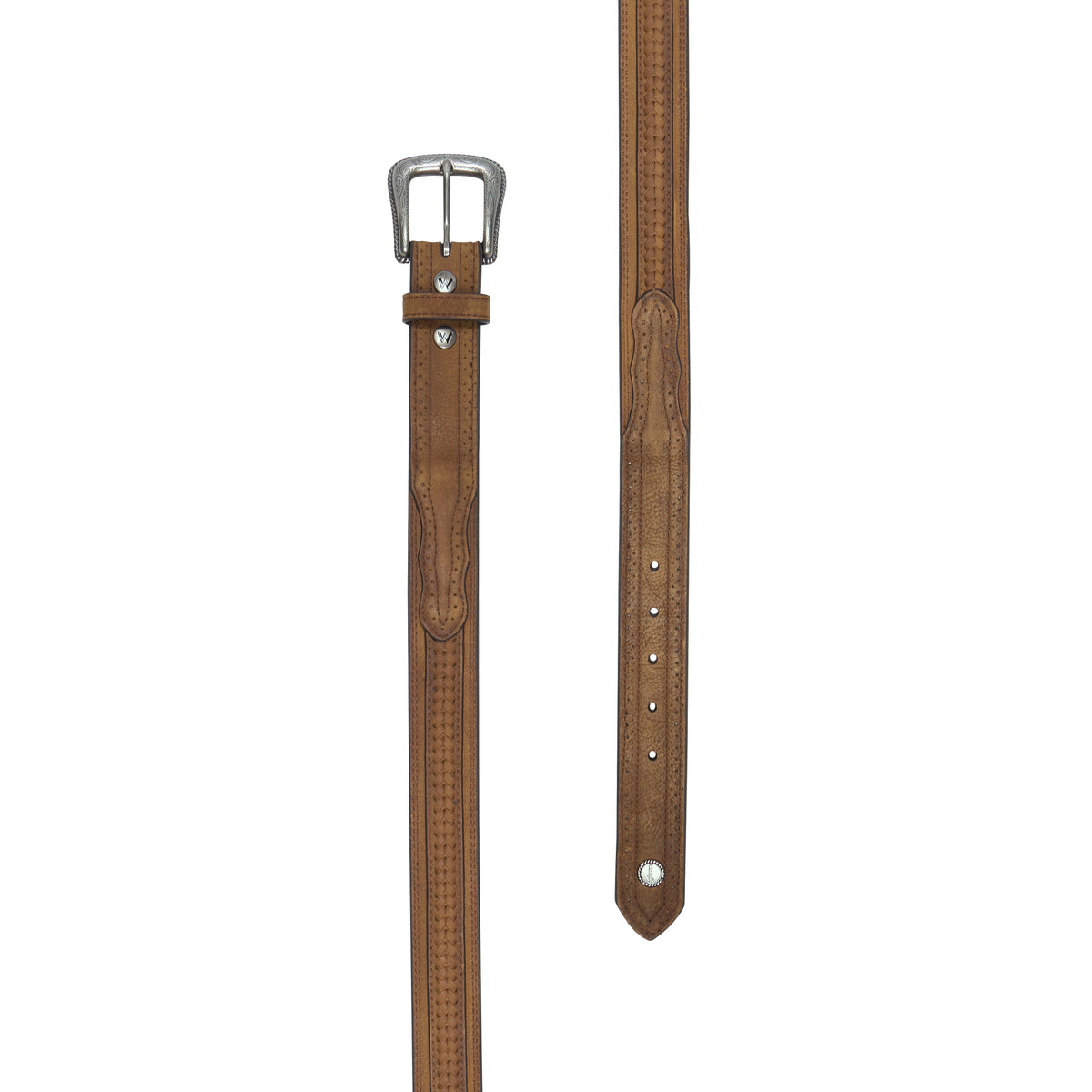 Buckle and tail ends of a toffee coloured Wrangler Fletch Belt (XCP1908BLT) with a braided pattern, perforated details, and an antique silver-toned engraved buckle, laid flat on a white background.