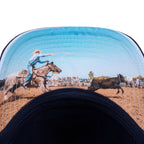 Wrangler Hank High Profile Trucker Cap (X6S1943CAP) Navy/Light Blue under peak detail.