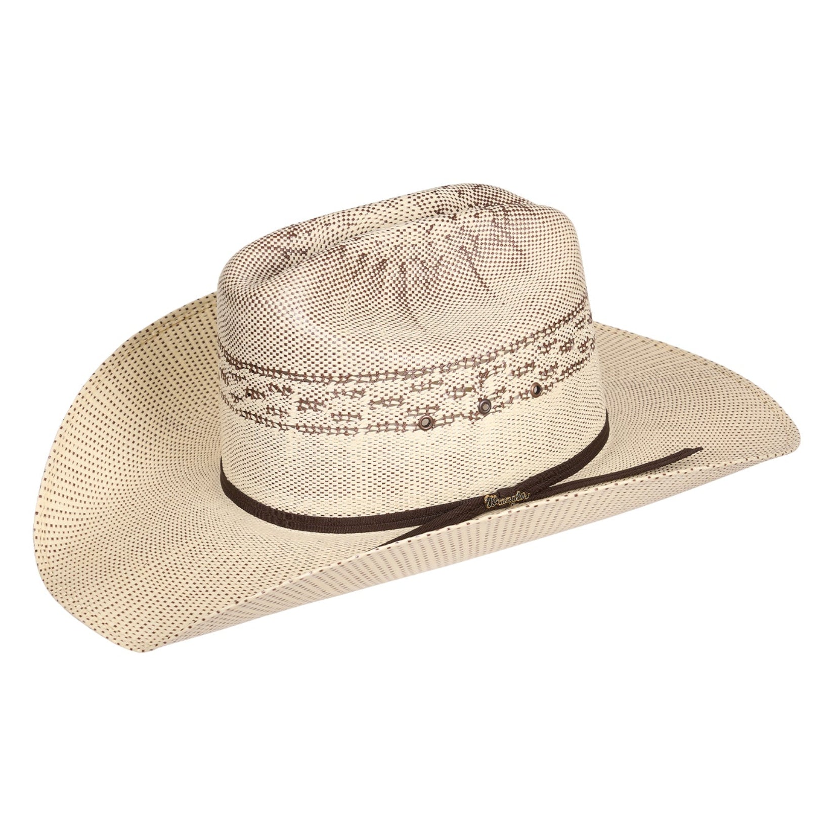 A Natural/Coffee woven cowboy Wrangler Hudson Bangora Hat (XCP1928HAT) with a decorative band of dark leather with metal Wrangler logo pin around the crown, shown against a plain white background.