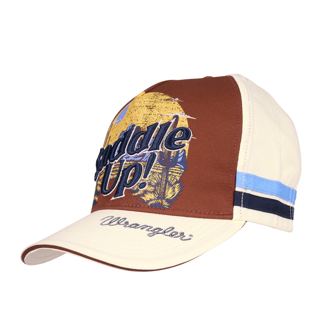 A copper and cream Wrangler Imogen High Profile Full Back Cap (X6S2946CAP) featuring a blue and yellow graphic on the front panel and a light blue and navy stripe on the side. The brim is cream with 'Wrangler' embroidered in navy script.