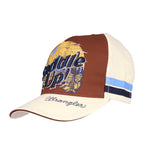 A copper and cream Wrangler Imogen High Profile Full Back Cap (X6S2946CAP) featuring a blue and yellow graphic on the front panel and a light blue and navy stripe on the side. The brim is cream with 'Wrangler' embroidered in navy script.