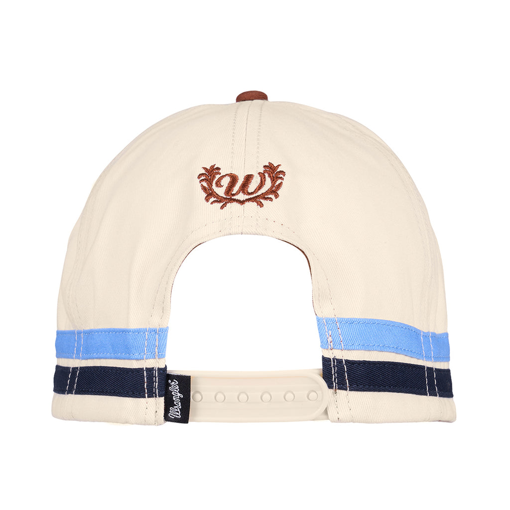 An cream and copper Wrangler Imogen High Profile Full Back Cap (X6S2946CAP) shown from the back, featuring a copper embroidered 'W', light blue and navy blue stripes, and a small black Wrangler logo pip on the adjustable snap back closure.