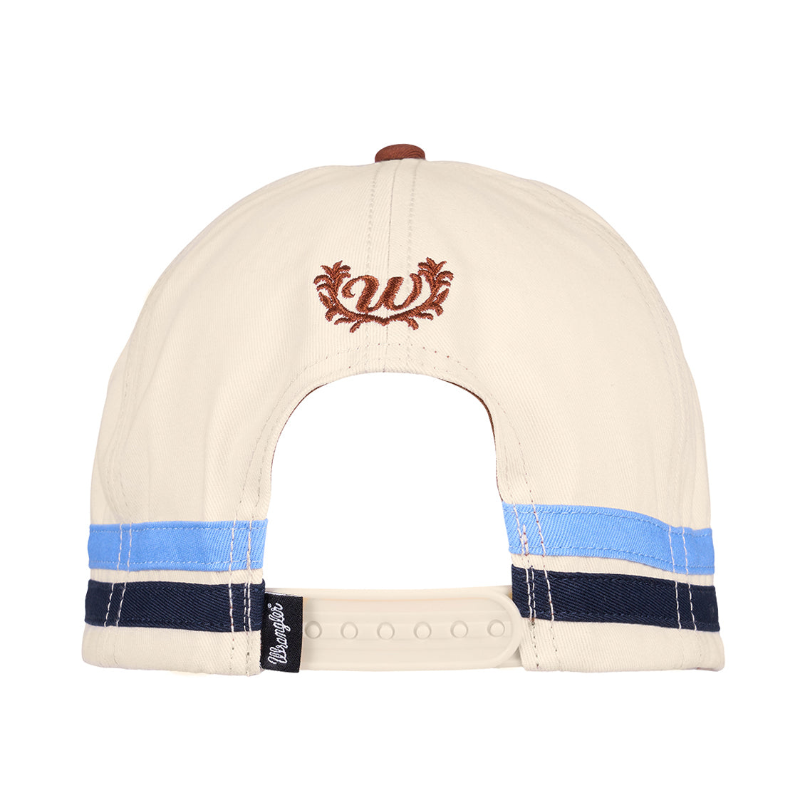 An cream and copper Wrangler Imogen High Profile Full Back Cap (X6S2946CAP) shown from the back, featuring a copper embroidered 'W', light blue and navy blue stripes, and a small black Wrangler logo pip on the adjustable snap back closure.