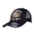 A 3-4 front view of the Wrangler Jasmine Trucker Cap (X6S2938CAP) in Charcoal with a metallic gold and white embroidered steer skull graphic on the front panel, Wrangler logo embroidery and white embroidered script text reading 'Country Girl'.