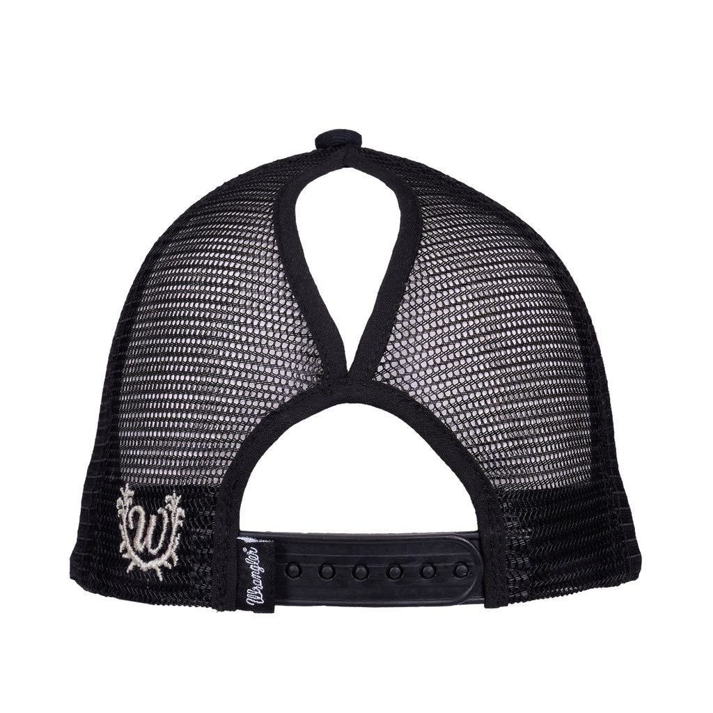 The Wrangler Jasmine Trucker Cap (X6S2938CAP) in Charcoal viewed from the back, featuring a black adjustable snap closure, ponytail opening, white embroidered 'W' Wrangler logo and a Wrangler embroidered tag.