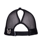 The Wrangler Jasmine Trucker Cap (X6S2938CAP) in Charcoal viewed from the back, featuring a black adjustable snap closure, ponytail opening, white embroidered 'W' Wrangler logo and a Wrangler embroidered tag.