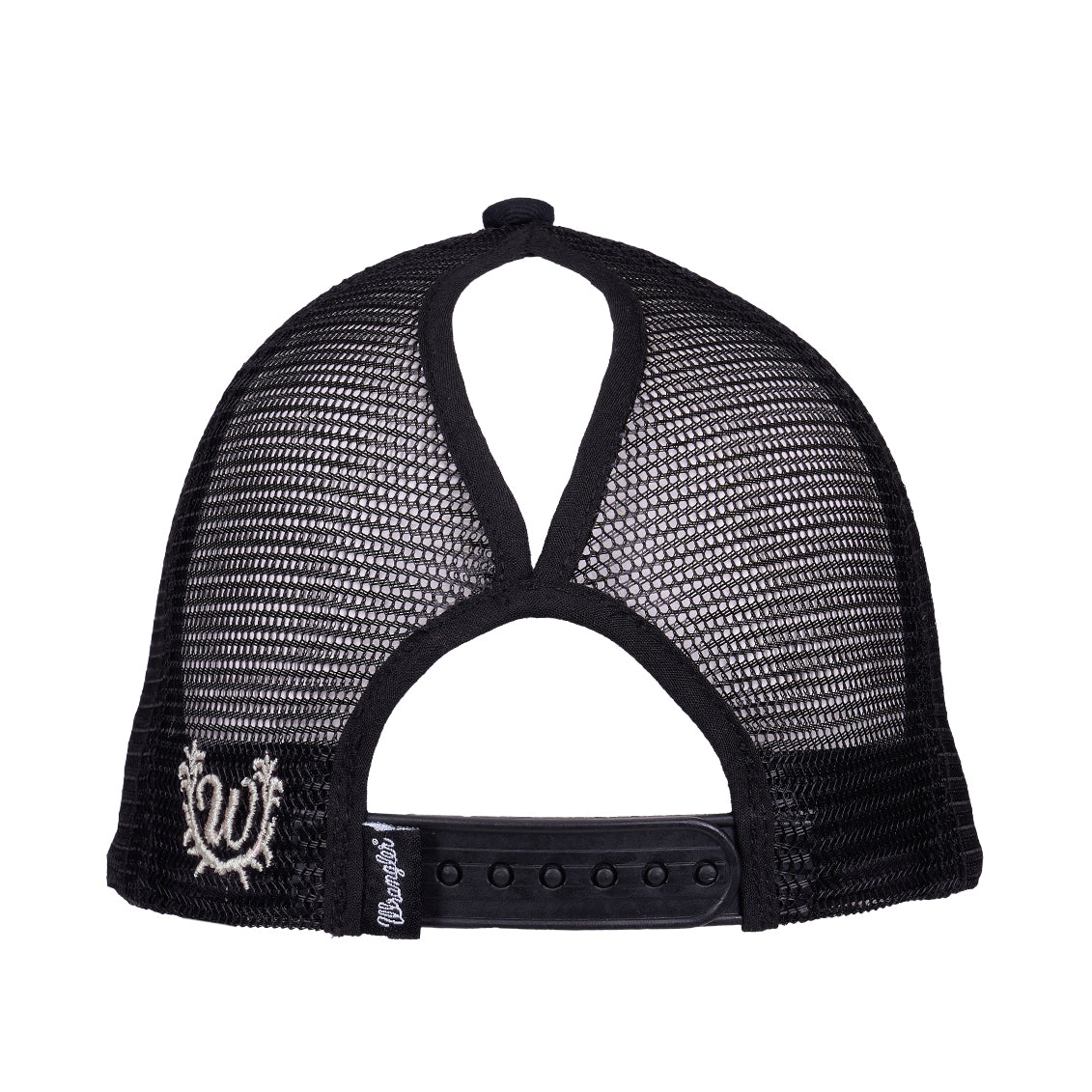 The Wrangler Jasmine Trucker Cap (X6S2938CAP) in Charcoal viewed from the back, featuring a black adjustable snap closure, ponytail opening, white embroidered 'W' Wrangler logo and a Wrangler embroidered tag.