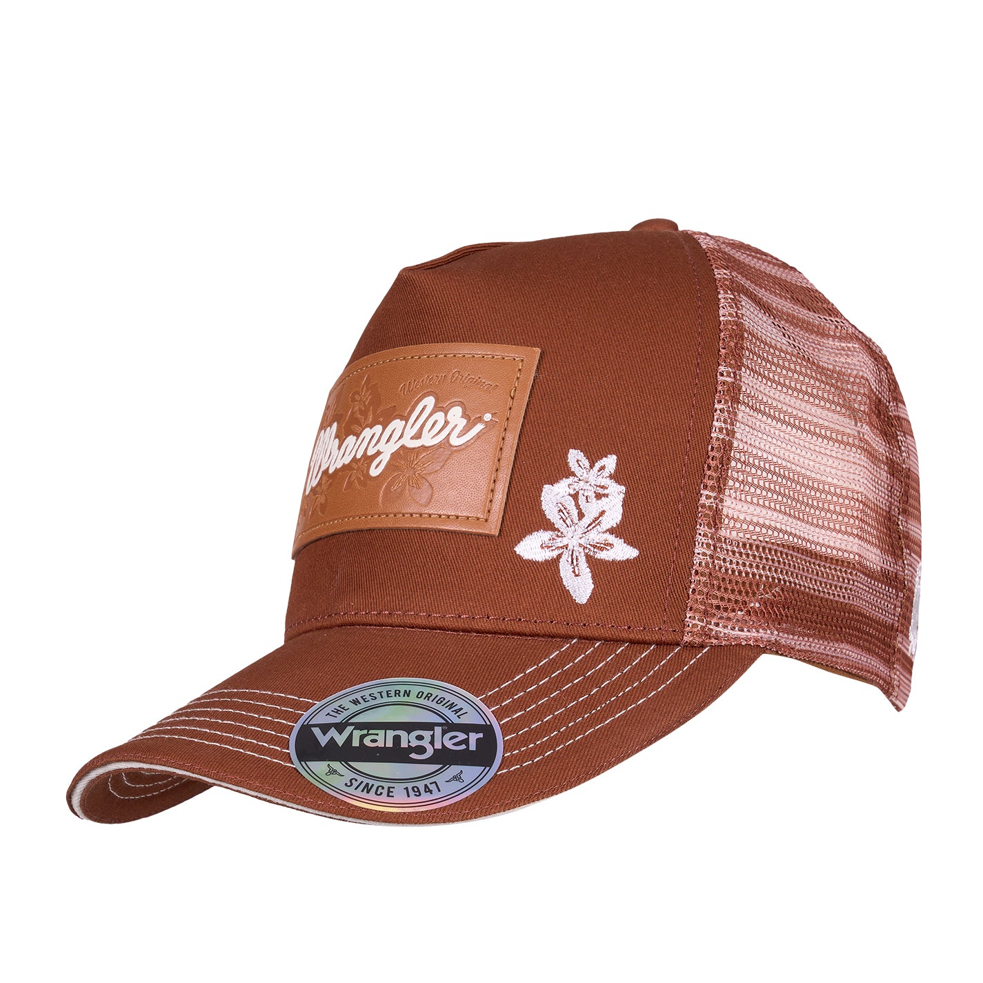A Wrangler Jenna High Profile Ponytail Trucker Cap (X6S2939CAP) in Copper, featuring a brown leather look patch on the front with white script branding, and a white embroidered flower on the side.