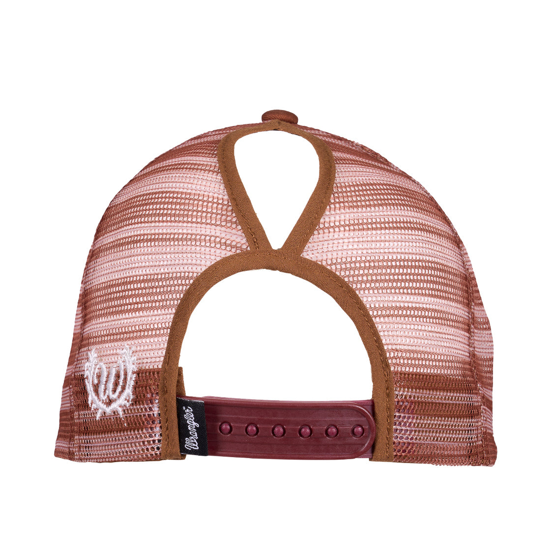 Back view of a Wrangler Jenna High Profile Ponytail Trucker Cap (X6S2939CAP) in Copper with adjustable snap closure and ponytail opening.