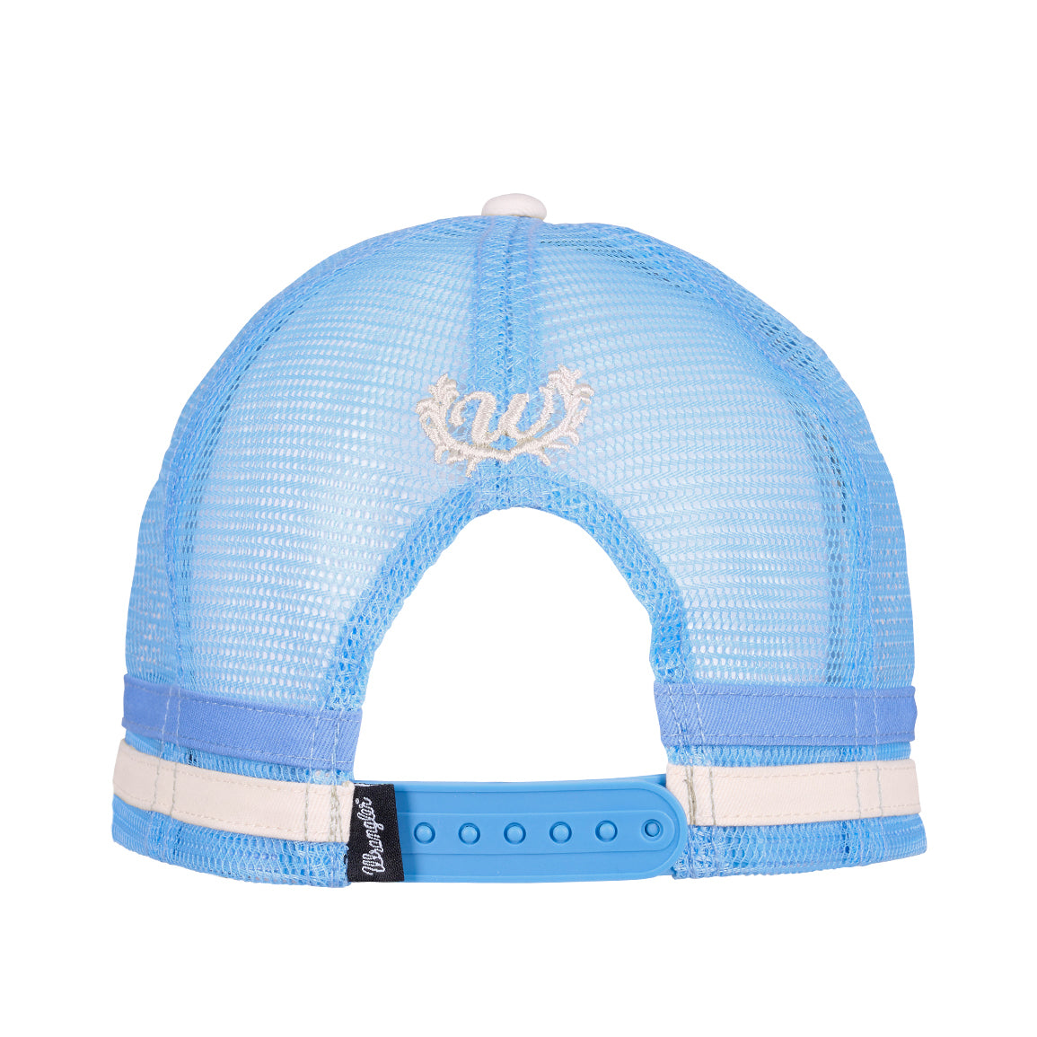 A light blue and cream Wrangler Josie High Profile Trucker Cap (X6S2943CAP) back view, featuring cream embroidered Wrangler W logo, logo pip, and adjustable snap closure