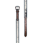 The tan western-style Wrangler Kenzley Belt (X6S2917BLT) flat laid, featuring a brown tooled leather strap with turquoise blue edge stitching, a white and black hair-on-hide centre panel, and an ornate silver toned buckle embellished with turquoise stones. 