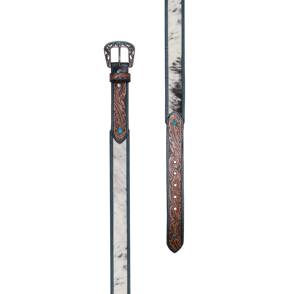 The tan western-style Wrangler Kenzley Belt (X6S2917BLT) flat laid, featuring a brown tooled leather strap with turquoise blue edge stitching, a white and black hair-on-hide centre panel, and an ornate silver toned buckle embellished with turquoise stones. 