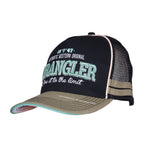 A Wrangler Layton High Profile Trucker Cap (X6S1945CAP) featuring a black front panel with white and teal text, black mesh back panels, and a curved brim and side panel taping in sage green.