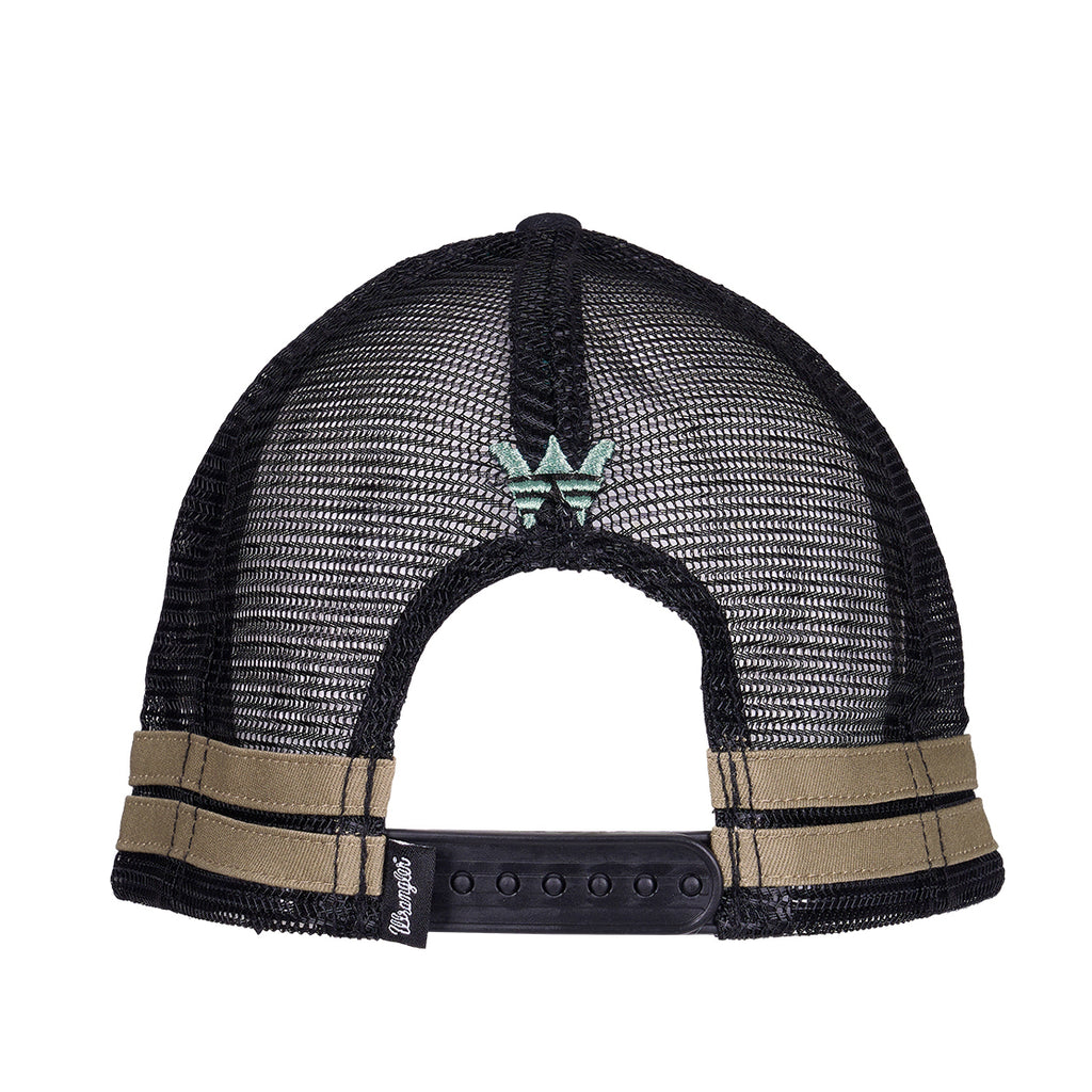 Rear view of a black Wrangler Layton High Profile Trucker Cap (X6S1945CAP) featuring black mesh panels, side panel taping in sage green, snapback closure, back 'W' Wrangler logo embroidery and a brand pip at closure.
