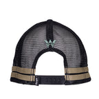 Rear view of a black Wrangler Layton High Profile Trucker Cap (X6S1945CAP) featuring black mesh panels, side panel taping in sage green, snapback closure, back 'W' Wrangler logo embroidery and a brand pip at closure.