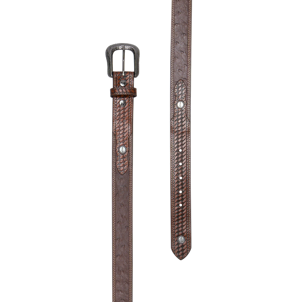A tan Wrangler Leonard Belt (X6S1909BLT) laid flat with a basket weave embossed pattern, featuring a silver-toned engraved buckle and a silver concho on the tip, shown on a white background.