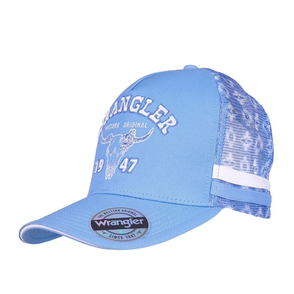 A light blue Wrangler Lilly High Profile Trucker Cap (X6S2944CAP) with a white embroidered bull skull logo and 'Wrangler Original' text on the front, featuring a patterned mesh back and a white side stripe.