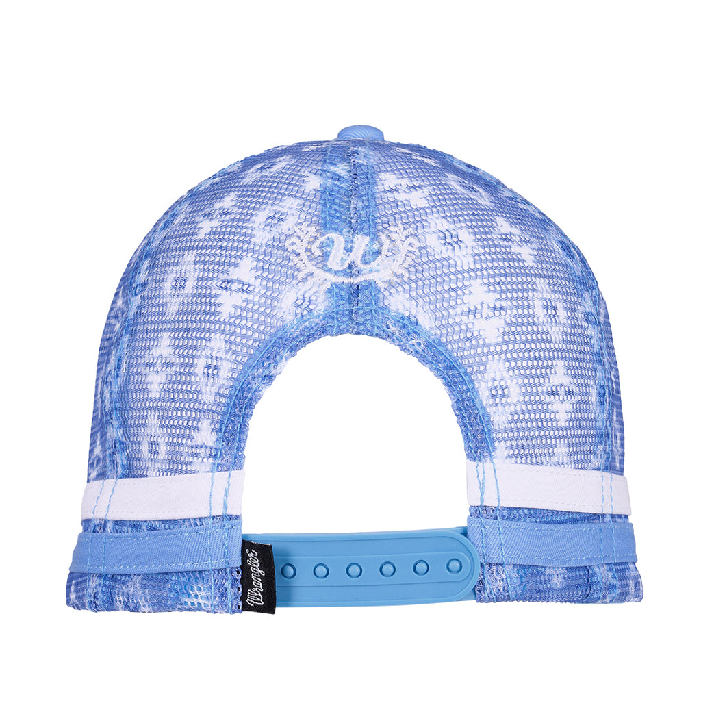 A light blue Wrangler Lilly High Profile Trucker Cap (X6S2944CAP) with a white embroidered W logo and on the back, featuring a patterned mesh back and a white side stripe, adjustable snap closure and a Wrangler logo pip.