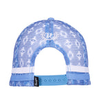 A light blue Wrangler Lilly High Profile Trucker Cap (X6S2944CAP) with a white embroidered W logo and on the back, featuring a patterned mesh back and a white side stripe, adjustable snap closure and a Wrangler logo pip.