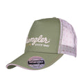 Wrangler Lucy High Profile Ponytail Trucker Cap (X6S2937CAP) in khaki marle with a light pink mesh back and white embroidered logo on the front.
