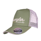 Wrangler Lucy High Profile Ponytail Trucker Cap (X6S2937CAP) in khaki marle with a light pink mesh back and white embroidered logo on the front.