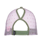 The back view of a khaki marle and pink Wrangler Lucy High Profile Ponytail Trucker Cap (X6S2937CAP) with adjustable snap back closure with a ponytail hole and a light pink mesh fabric with a subtle pattern, and khaki marle trim. A small pink W embroidered logo and a black Wrangler logo pip are visible on the left side.