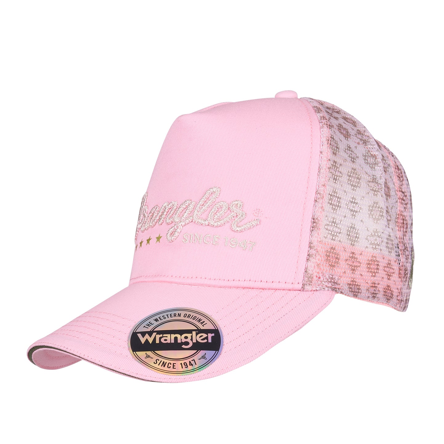 A pastel pink Wrangler Lucy High Profile Ponytail Trucker Cap (X6S2937CAP) with a pink front panel, glittery script logo, and patterned mesh back panels on a white background.