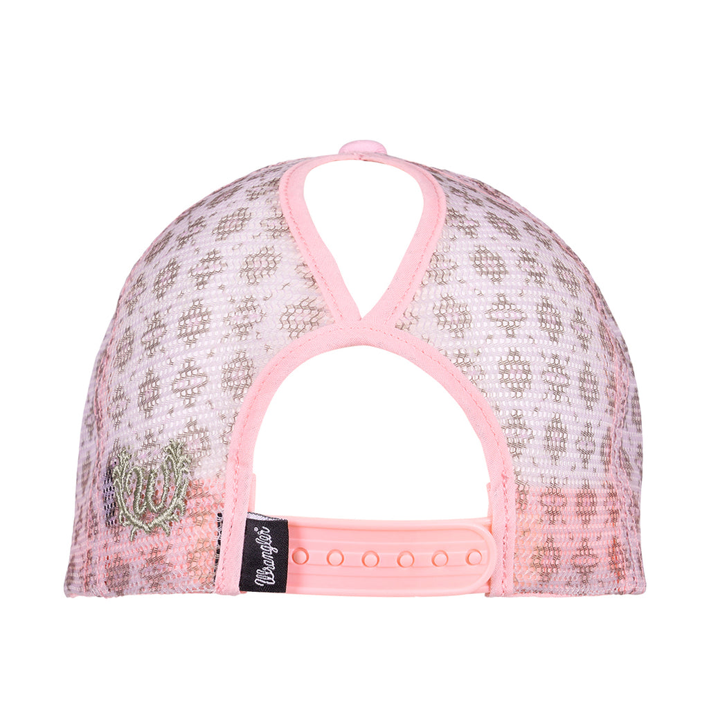 A pastel pink Wrangler Lucy High Profile Ponytail Trucker Cap (X6S2937CAP) with adjustable snap closure, glittery W logo, Wrangler pip and patterned mesh back panels on a white background.