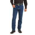 A person in a black long-sleeve shirt, Wrangler Men's Cowboy Cut Original Fit Active Flex Jeans (13MAFGK34) Stonewash, a black belt with a large buckle, and black cowboy boots stands against a white background. Head not visible.