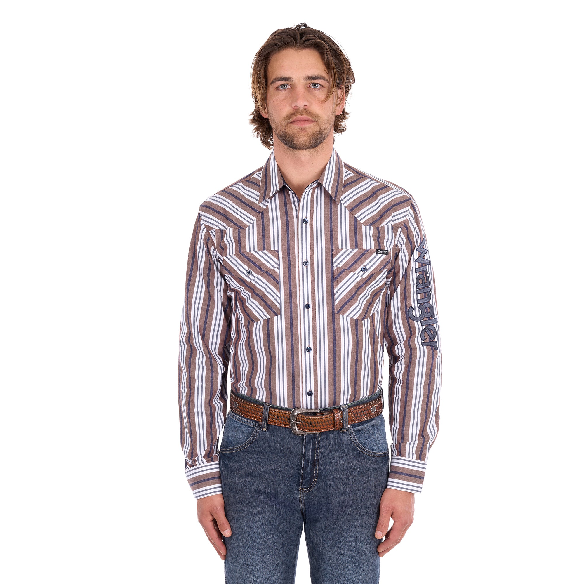Wrangler Mens Eli Logo L/S Shirt (X6S1111659) Denim/Tan