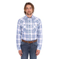 A man wearing a light blue, royal blue and white Wrangler Men's Eric long-sleeve western-style plaid button-down Shirt (X6S1111667) paired with dark blue jeans, set against a plain white background.