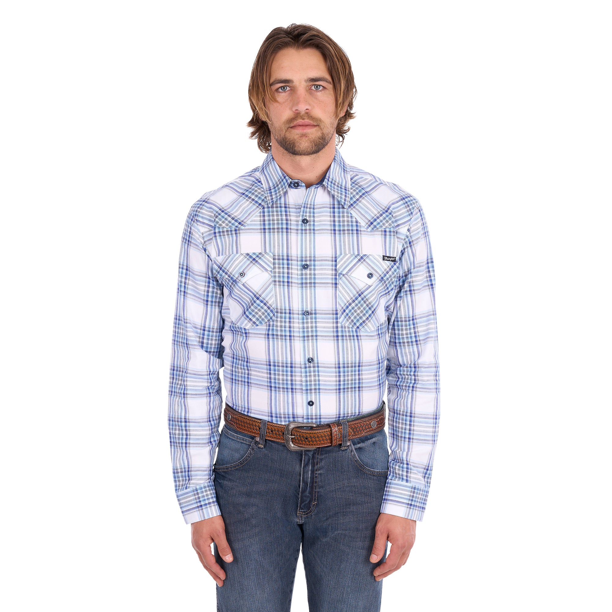 A man wearing a light blue, royal blue and white Wrangler Men's Eric long-sleeve western-style plaid button-down Shirt (X6S1111667) paired with dark blue jeans, set against a plain white background.