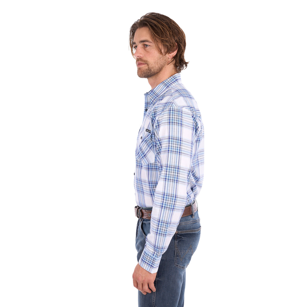 A man in profile wearing a light blue, royal blue and white Wrangler Men's Eric long-sleeve western-style plaid button-down Shirt (X6S1111667) paired with dark blue jeans, set against a plain white background.