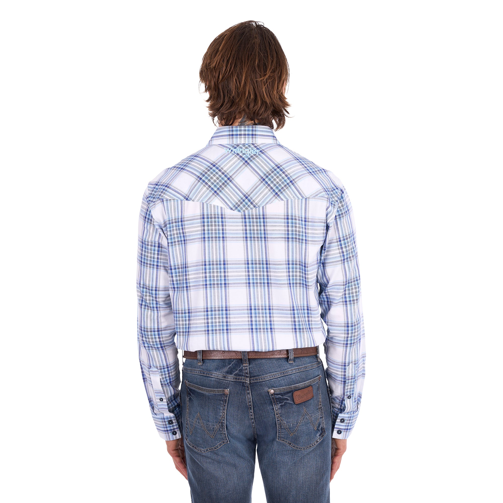 A man wearing a light blue, royal blue and white Wrangler Men's Eric long-sleeve western-style plaid button-down Shirt (X6S1111667) paired with dark blue jeans, set against a plain white background.