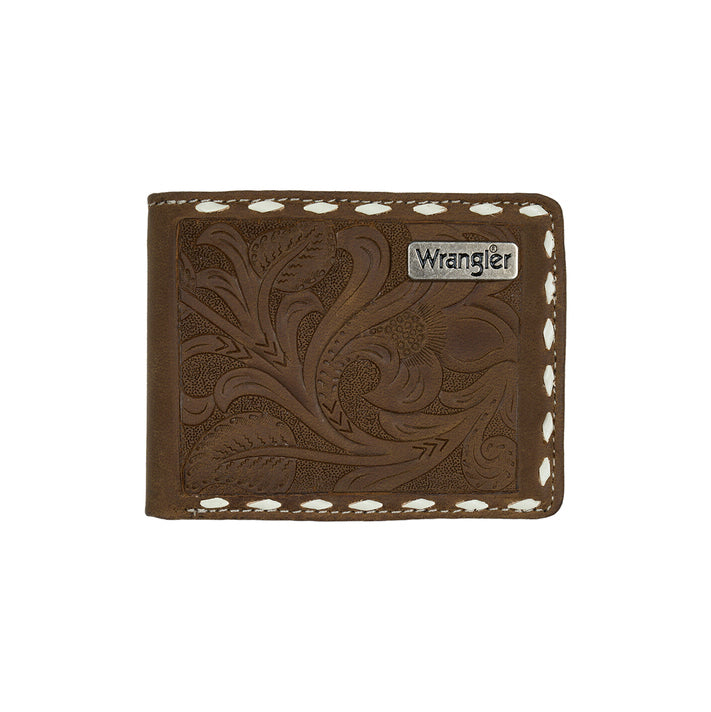 The Wrangler Mens Marlo Wallet (X6W1975WLT) features tan genuine leather, white stitched edges, floral embossing, RFID protection, and a metal Wrangler logo plate on the top right corner.