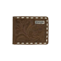The Wrangler Mens Marlo Wallet (X6W1975WLT) features tan genuine leather, white stitched edges, floral embossing, RFID protection, and a metal Wrangler logo plate on the top right corner.