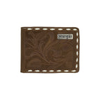 The Wrangler Mens Marlo Wallet (X6W1975WLT) features tan genuine leather, white stitched edges, floral embossing, RFID protection, and a metal Wrangler logo plate on the top right corner.