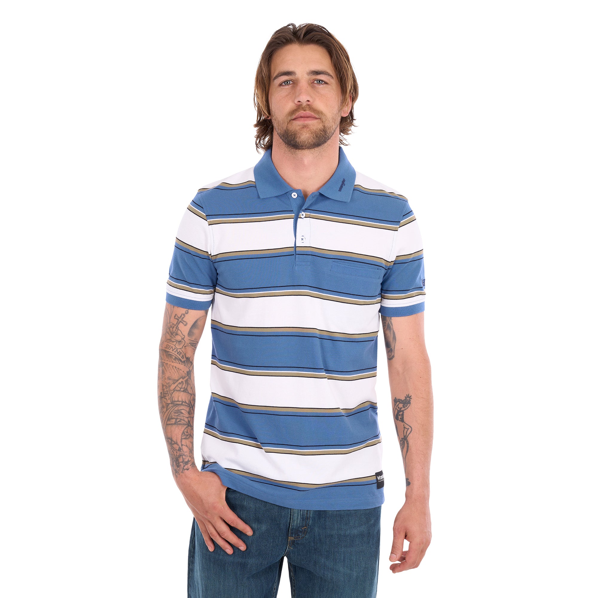 A man wearing a denim blue and white Wrangler Men's Mick Short Sleeve Polo (X6S1560679) with thin tan stripes, paired with blue jeans, photographed against a solid white background.