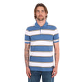 A man wearing a denim blue and white Wrangler Men's Mick Short Sleeve Polo (X6S1560679) with thin tan stripes, paired with blue jeans, photographed against a solid white background.