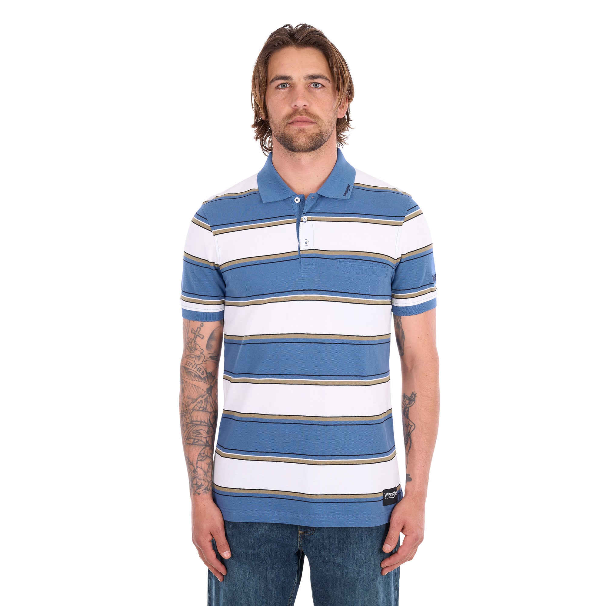A man wearing a denim blue and white Wrangler Men's Mick Short Sleeve Polo (X6S1560679) with thin tan stripes, paired with blue jeans, photographed against a solid white background.