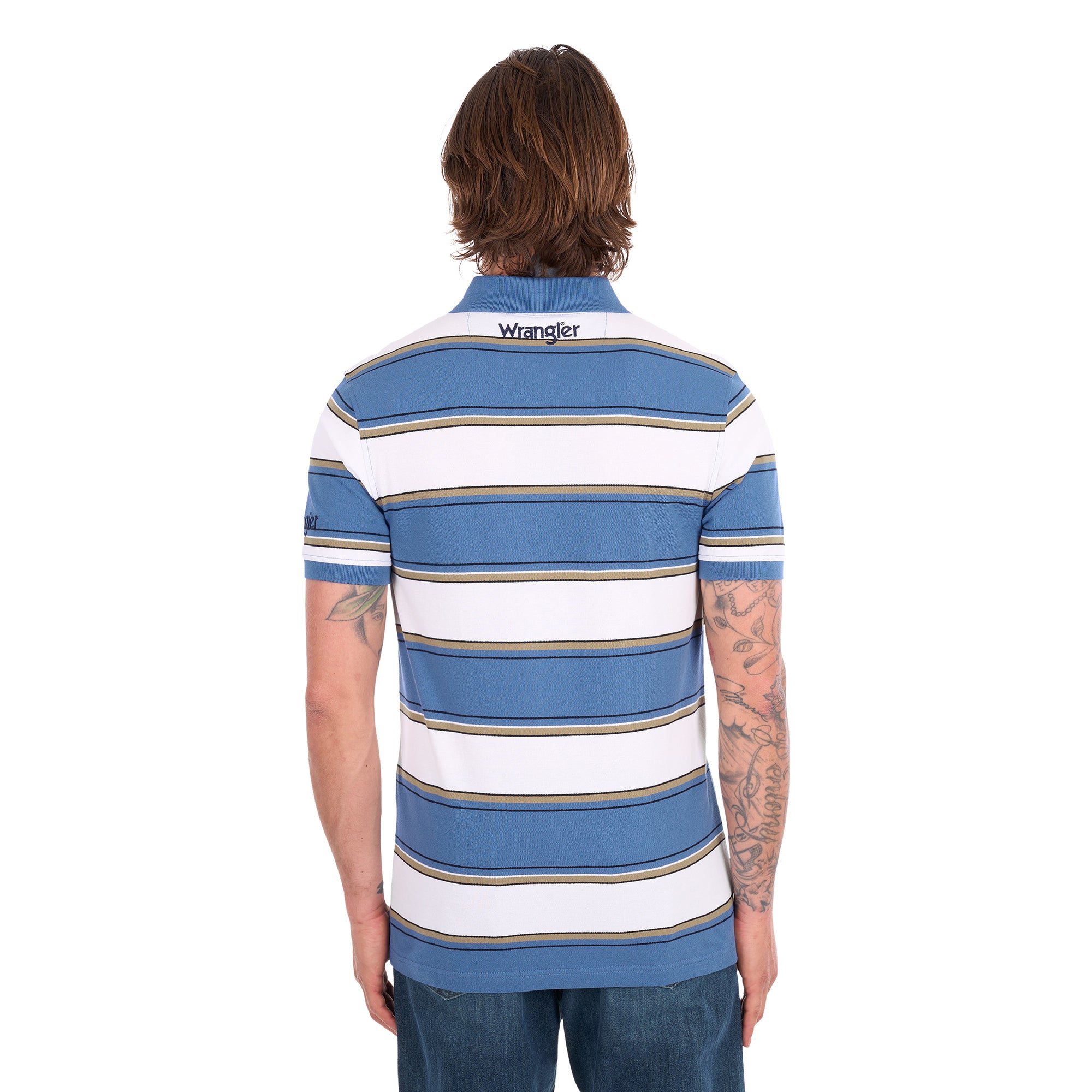 A man wearing a denim blue and white Wrangler Men's Mick Short Sleeve Polo (X6S1560679) with thin tan stripes, paired with blue jeans, photographed from behind against a solid white background.