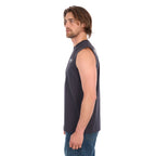 A man side to the camera wearing a Wrangler Mens Paul Muscle Tank (XCP1572700) in Charcoal with a pair of denim jeans.