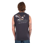 A man with his back to the camera wearing a Wrangler Men's Paul Muscle Tank with a Wrangler logo and a large print of an eagle on it (XCP1572700) in Charcoal with a pair of denim jeans.