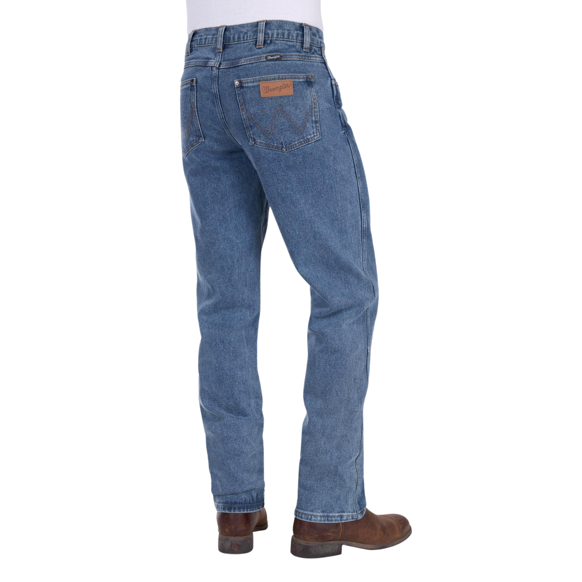 A man wearing Wrangler Mens Regular Straight Leg Jeans (XLR1200032) in Original Stone and brown boots is shown from the back on a white background.