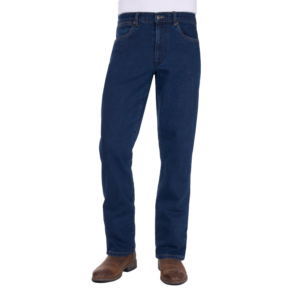A man wearing a pair of original rinse dark blue Wrangler Men's Regular Bootcut Jeans (XLR1201032) with brown boots against a plain white background.