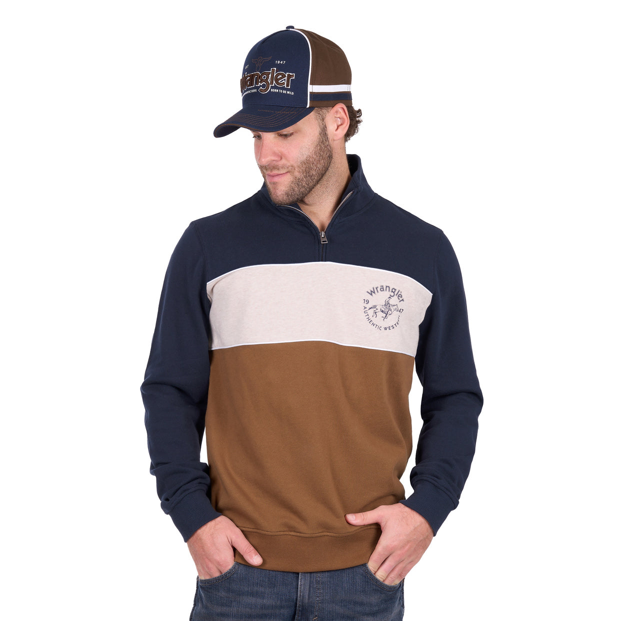 Wrangler Mens Steve 1/4 Zip Pullover (X6W1573511) Navy/Tan